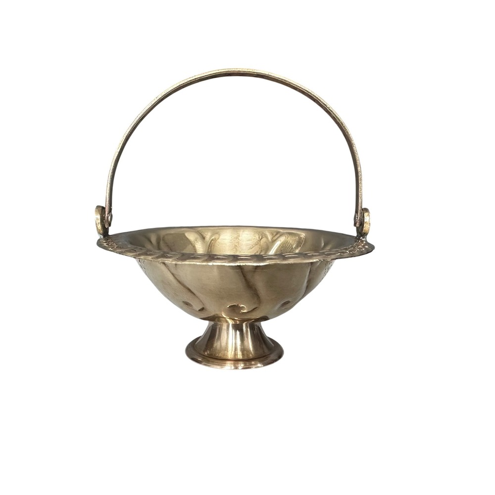 Vintage Brass Footed Basket 5in Gold Scalloped Swing Handle Decor